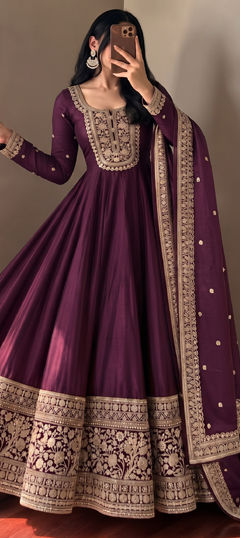 Purple and Violet color Salwar Kameez in Roman Silk fabric with Embroidered, Sequence work
