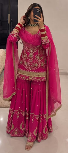 Pink and Majenta color Salwar Kameez in Faux Georgette fabric with Embroidered, Sequence work