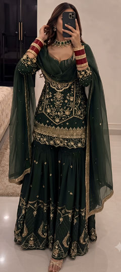 Green color Salwar Kameez in Faux Georgette fabric with Embroidered, Sequence work