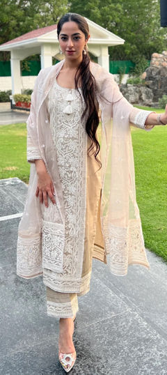 Beige and Brown color Salwar Kameez in Chanderi fabric with Embroidered, Sequence work