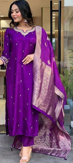 Purple and Violet color Salwar Kameez in Chanderi fabric with Embroidered, Sequence work
