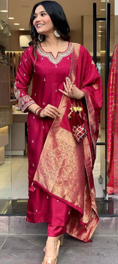 Red and Maroon color Salwar Kameez in Chanderi fabric with Embroidered, Sequence work
