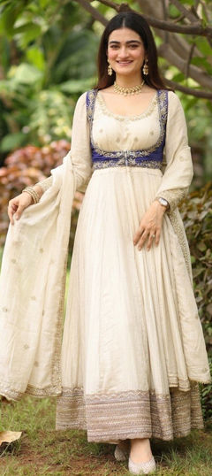 White and Off White color Salwar Kameez in Chinon Silk fabric with Embroidered work