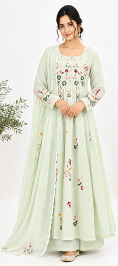 Green color Salwar Kameez in Mul Chanderi fabric with Embroidered, Thread work