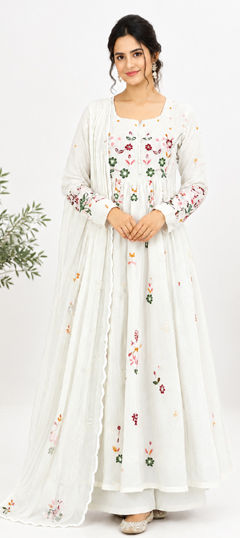 White and Off White color Salwar Kameez in Mul Chanderi fabric with Embroidered, Thread work