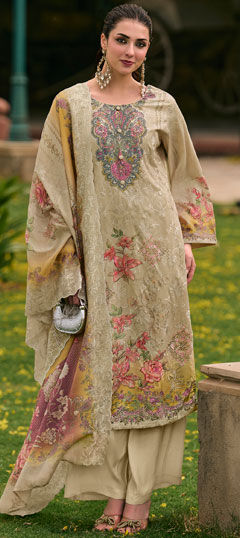 Beige and Brown color Salwar Kameez in Cotton fabric with Digital Print, Floral, Resham, Thread work