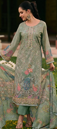 Green color Salwar Kameez in Cotton fabric with Digital Print, Floral, Resham, Thread work