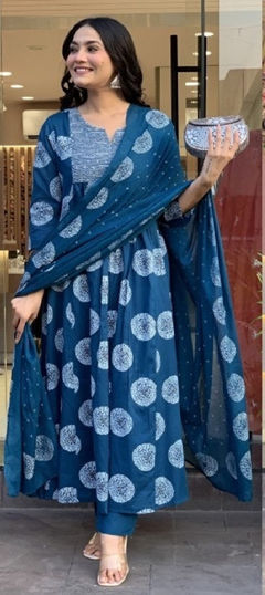 Blue color Salwar Kameez in Rayon fabric with Printed work