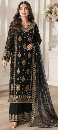 Black and Grey color Salwar Kameez in Faux Georgette fabric with Embroidered, Sequence work