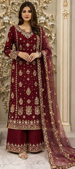 Red and Maroon color Salwar Kameez in Faux Georgette fabric with Embroidered, Sequence work