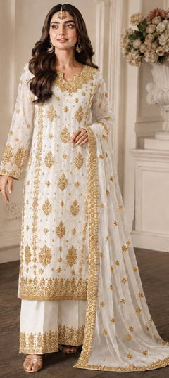 White and Off White color Salwar Kameez in Faux Georgette fabric with Embroidered, Sequence work
