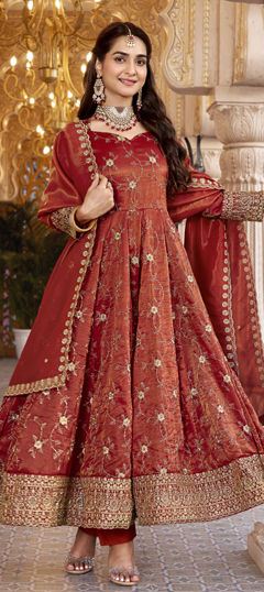 Beige and Brown color Salwar Kameez in Silk fabric with Embroidered, Sequence work