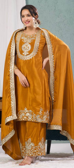 Yellow color Salwar Kameez in Chinon Silk fabric with Embroidered, Sequence work