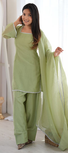 Green color Salwar Kameez in Crushed Silk fabric with Lace, Swarovski work