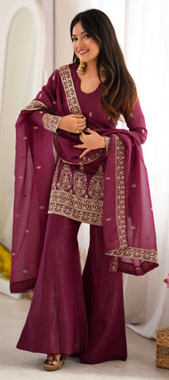Purple and Violet color Salwar Kameez in Crushed Silk fabric with Embroidered, Sequence, Zari work