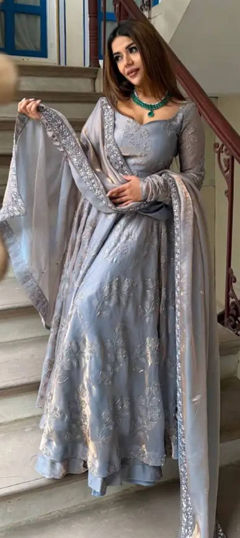 Black and Grey color Salwar Kameez in Tissue fabric with Bugle Beads, Embroidered work