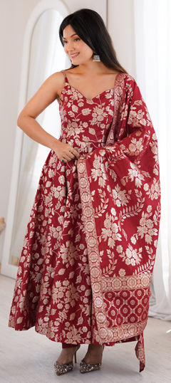 Red and Maroon color Salwar Kameez in Banarasi Silk fabric with Weaving work