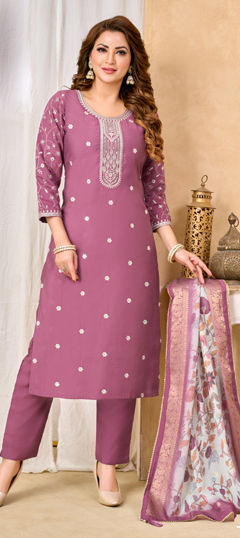 Pink and Majenta color Salwar Kameez in Silk fabric with Bugle Beads, Embroidered, Sequence work