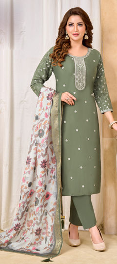 Green color Salwar Kameez in Silk fabric with Bugle Beads, Embroidered, Sequence work