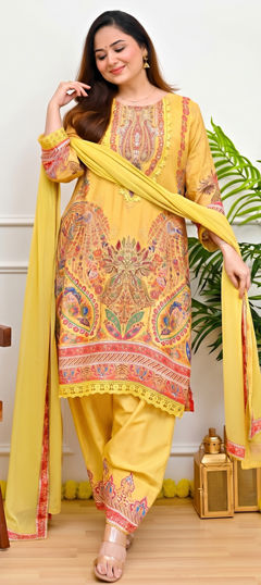 Yellow color Salwar Kameez in Muslin fabric with Lace, Printed work