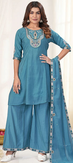 Blue color Salwar Kameez in Mul Chanderi fabric with Cut Dana, Embroidered, Sequence, Thread work
