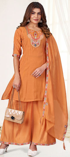 Beige and Brown color Salwar Kameez in Mul Chanderi fabric with Cut Dana, Embroidered, Sequence, Thread work