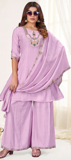 Purple and Violet color Salwar Kameez in Mul Chanderi fabric with Cut Dana, Embroidered, Sequence, Thread work