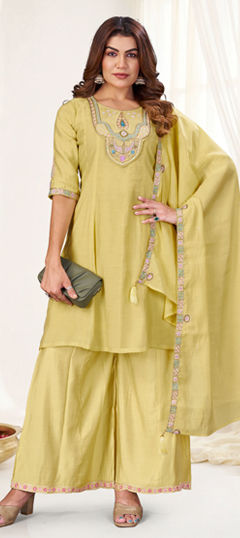 Beige and Brown color Salwar Kameez in Mul Chanderi fabric with Cut Dana, Embroidered, Sequence, Thread work