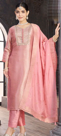 Pink and Majenta color Salwar Kameez in Silk fabric with Bugle Beads, Mirror, Stone, Weaving work