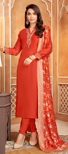 Orange color Salwar Kameez in Silk fabric with Bugle Beads, Zardozi, Zari work