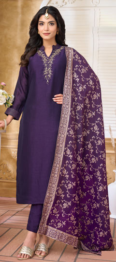Blue color Salwar Kameez in Silk fabric with Bugle Beads, Zardozi, Zari work