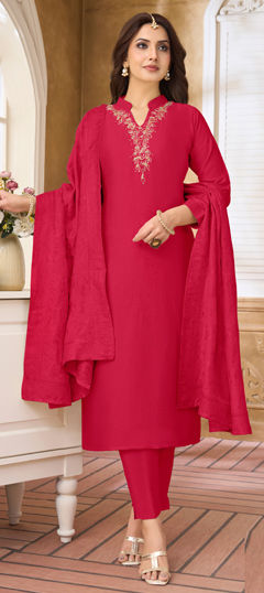 Purple and Violet color Salwar Kameez in Silk fabric with Bugle Beads, Zardozi, Zari work