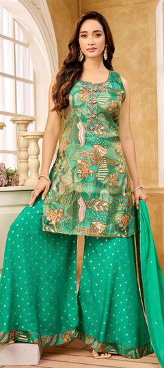 Green color Salwar Kameez in Silk fabric with Cut Dana, Mirror, Printed, Stone work