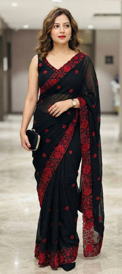 Black and Grey color Saree in Georgette fabric with Border, Embroidered work