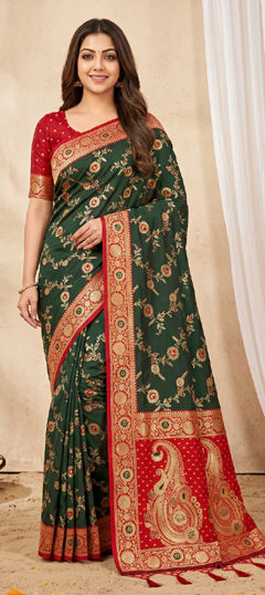Green color Saree in Banarasi Silk fabric with Weaving, Zari work