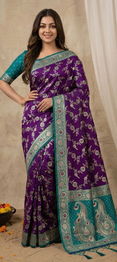 Purple and Violet color Saree in Banarasi Silk fabric with Weaving, Zari work