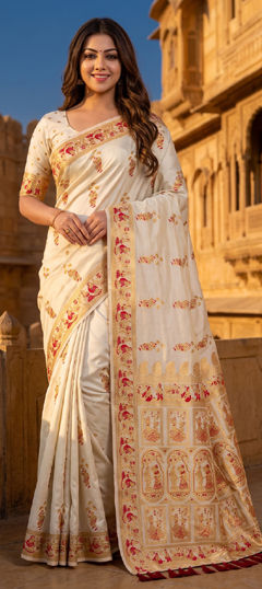 White and Off White color Saree in Silk fabric with Weaving, Zari work