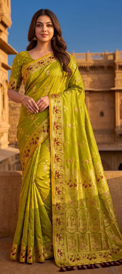 Green color Saree in Silk fabric with Weaving, Zari work