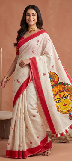 Red and Maroon, White and Off White color Saree in Linen fabric with Printed work