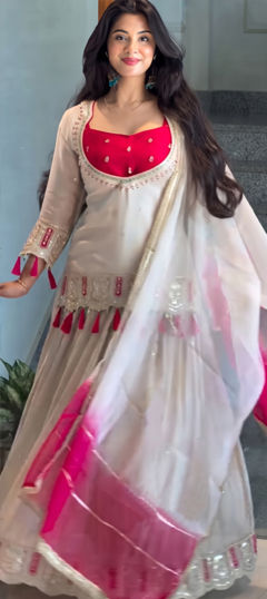 Red and Maroon, White and Off White color Long Lehenga Choli in Chinon Silk fabric with Embroidered, Sequence work