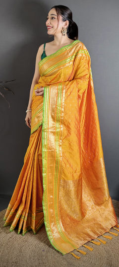 Yellow color Saree in Silk fabric with Weaving work