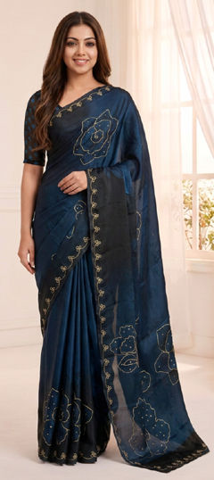 Blue color Saree in Tissue fabric with Aari, Digital Print, Floral work