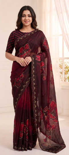 Red and Maroon color Saree in Tissue fabric with Aari, Digital Print, Floral work