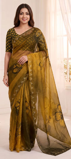 Yellow color Saree in Tissue fabric with Aari, Digital Print, Floral work