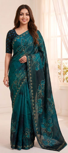 Blue color Saree in Tissue fabric with Aari, Digital Print, Floral work