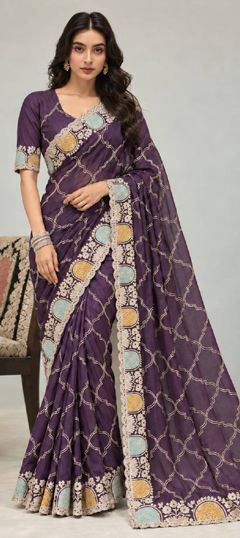 Purple and Violet color Saree in Chiffon fabric with Embroidered work