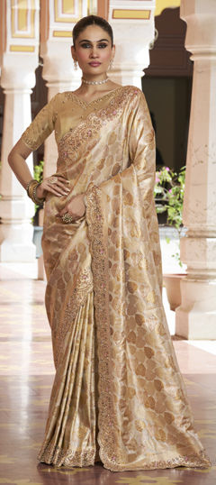 White and Off White color Saree in Kanjeevaram Silk fabric with Bugle Beads, Cut Dana, Weaving work