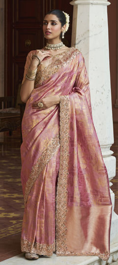 Pink and Majenta color Saree in Kanjeevaram Silk fabric with Bugle Beads, Cut Dana, Weaving work