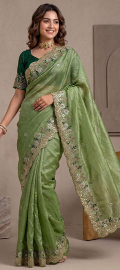 Green color Saree in Crushed Silk fabric with Bugle Beads, Embroidered, Sequence work
