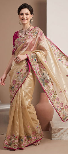 Beige and Brown color Saree in Chinon Silk fabric with Embroidered, Sequence, Thread work